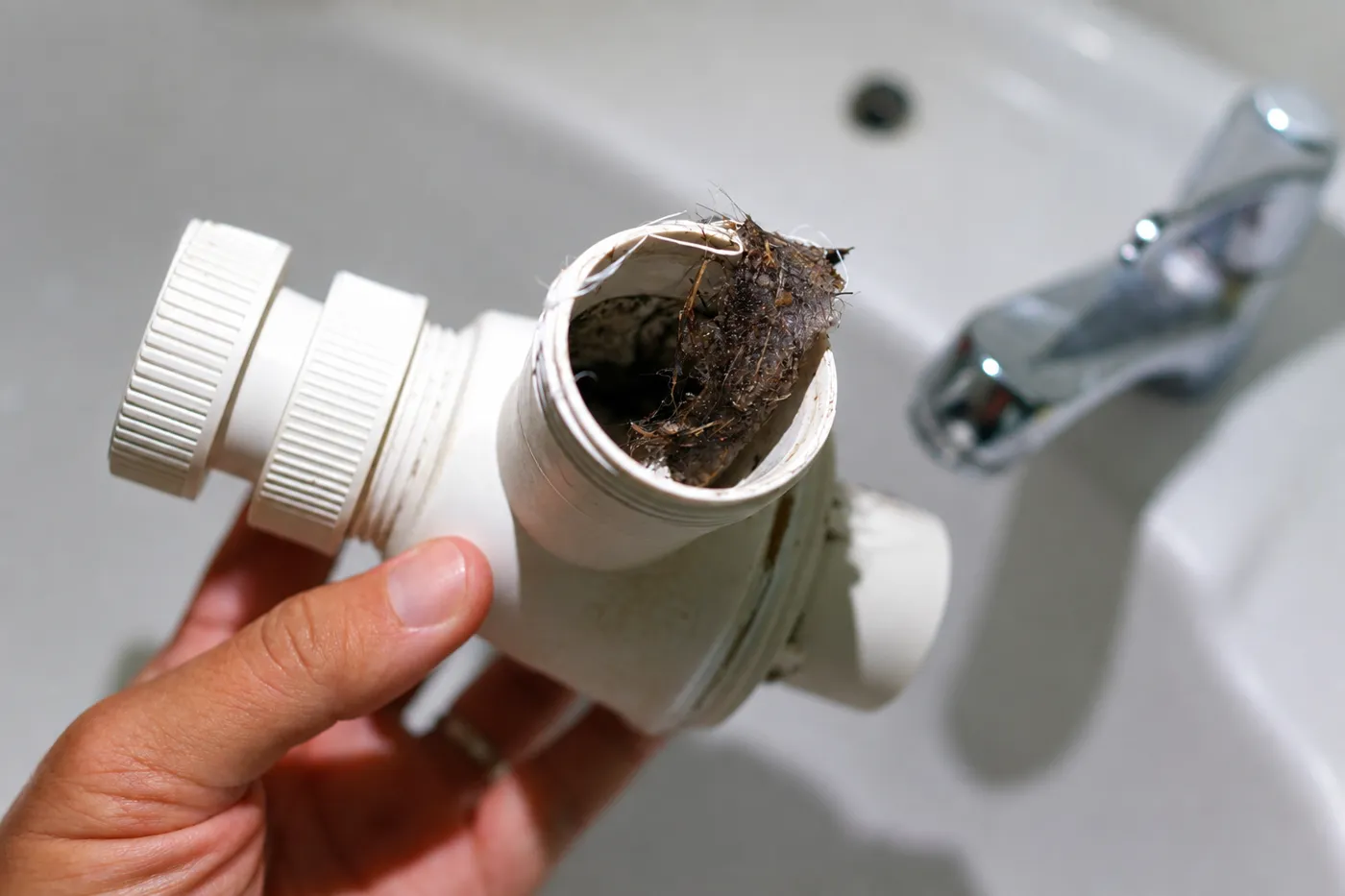 Hair clog pulled from a bathroom sink p trap