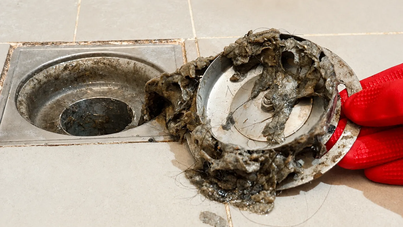 Hair clogged shower floor drain strainer